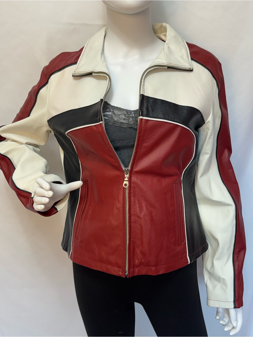 Wilsons Leather Maxima Vintage Chic Colorblock Motorcycle Racing Biker Jacket